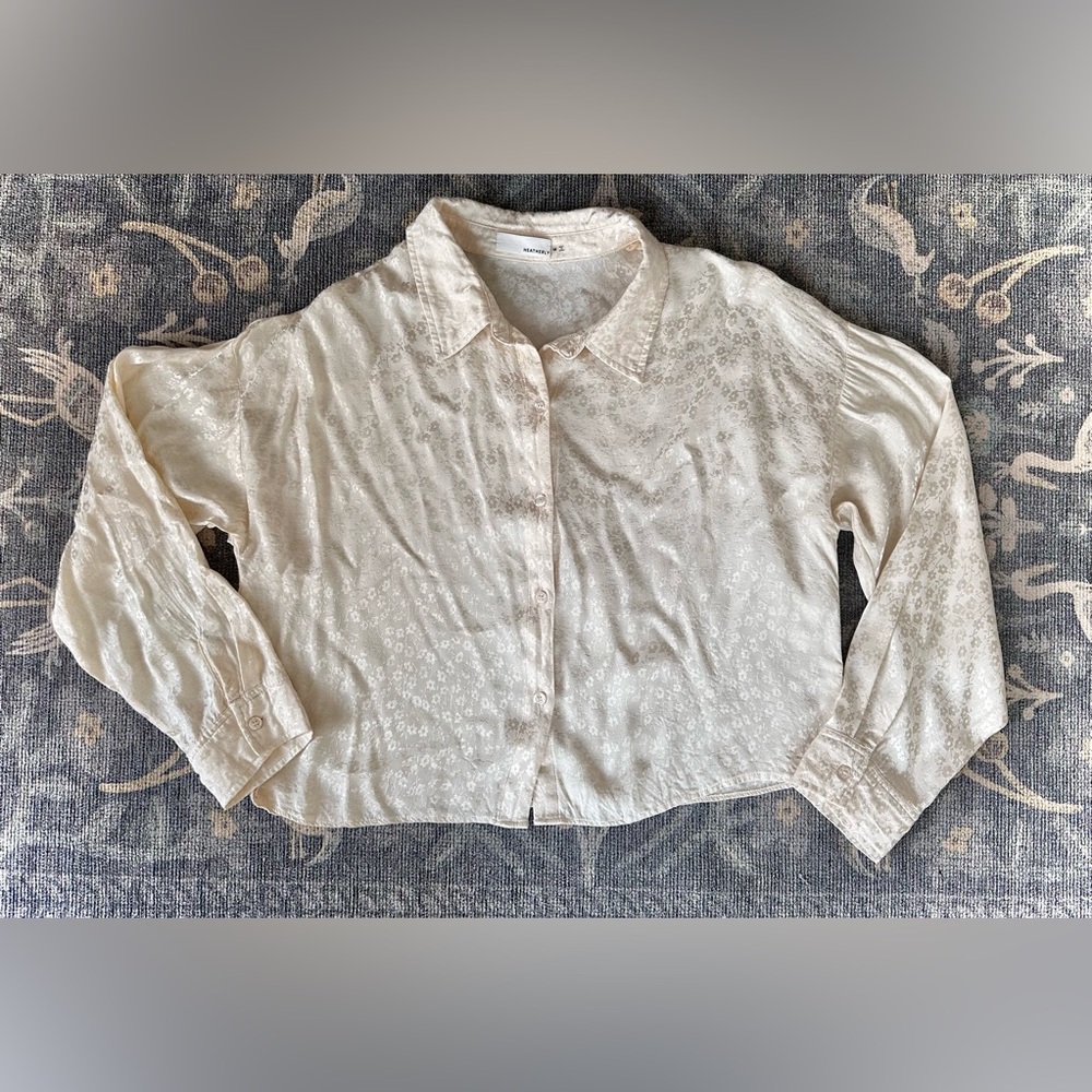 Heatherly Silky Floral Jacquard  Cream Button Down Cropped Blouse